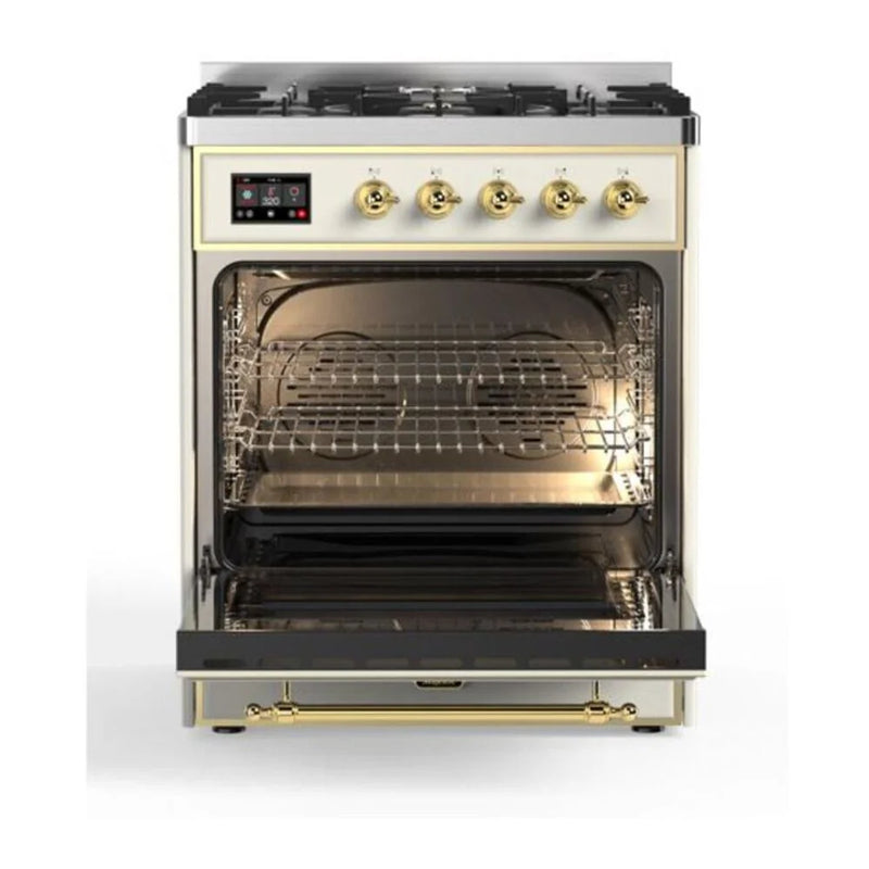 ILVE Majestic II 30" Dual Fuel Freestanding Range in Antique White with Brass Trim, UM30DQNE3AWGLP