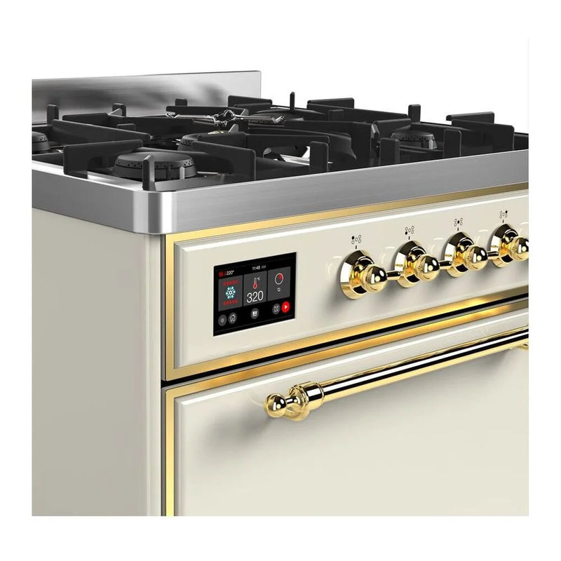 ILVE Majestic II 30" Dual Fuel Freestanding Range in Antique White with Brass Trim, UM30DQNE3AWG