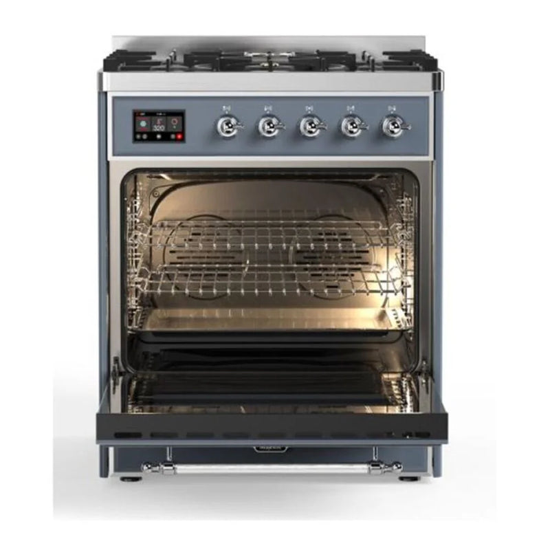 ILVE Majestic II 30" Dual Fuel Freestanding Range in Blue Grey with Chrome Trim, UM30DQNE3BGCLP