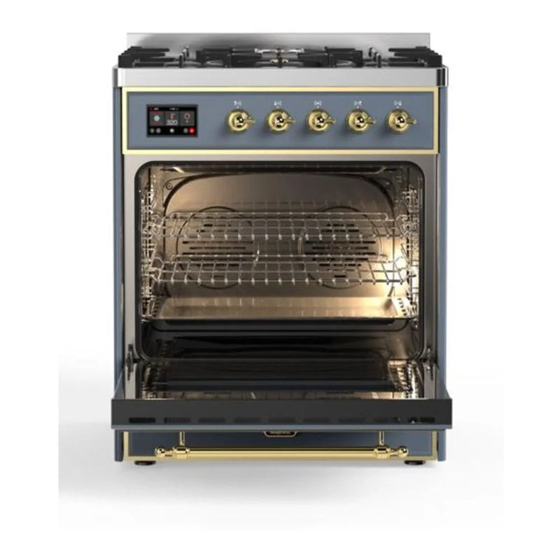 ILVE Majestic II 30" Dual Fuel Freestanding Range in Blue Grey with Brass Trim, UM30DQNE3BGGLP