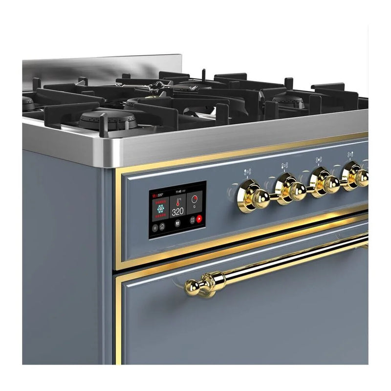ILVE Majestic II 30" Dual Fuel Freestanding Range in Blue Grey with Brass Trim, UM30DQNE3BGGLP