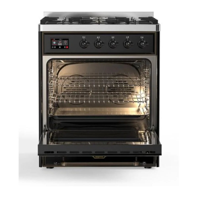 ILVE Majestic II 30" Dual Fuel Freestanding Range in Glossy Black with Burnished Trim, UM30DQNE3BKBLP