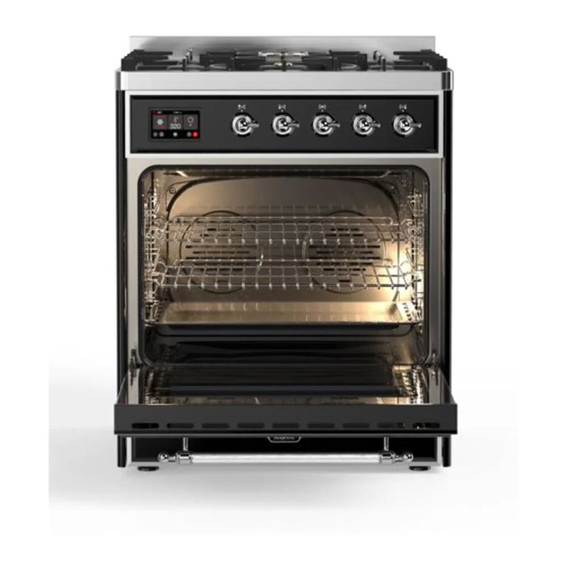 ILVE Majestic II 30" Dual Fuel Freestanding Range in Glossy Black with Chrome Trim, UM30DQNE3BKC