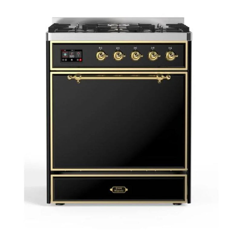 ILVE Majestic II 30" Dual Fuel Freestanding Range in Glossy Black with Brass Trim, UM30DQNE3BKGLP