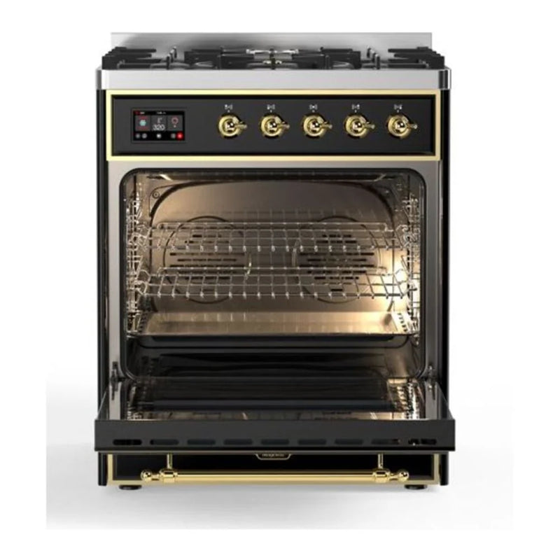 ILVE Majestic II 30" Dual Fuel Freestanding Range in Glossy Black with Brass Trim, UM30DQNE3BKGLP