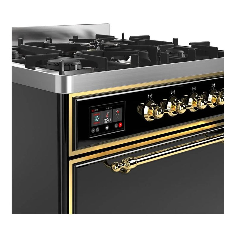 ILVE Majestic II 30" Dual Fuel Freestanding Range in Glossy Black with Brass Trim, UM30DQNE3BKGLP
