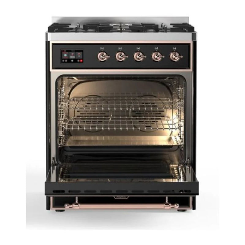 ILVE Majestic II 30" Dual Fuel Freestanding Range in Glossy Black with Copper Trim, UM30DQNE3BKPLP