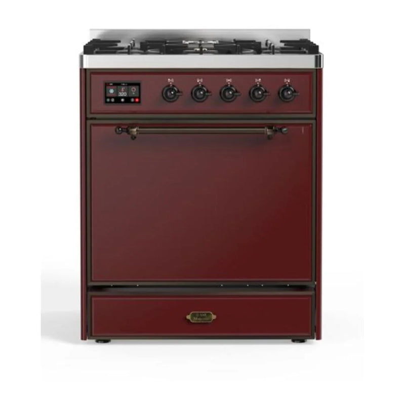 ILVE Majestic II 30" Dual Fuel Freestanding Range in Burgundy with Burnished Trim, UM30DQNE3BUBLP