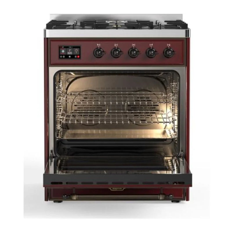 ILVE Majestic II 30" Dual Fuel Freestanding Range in Burgundy with Burnished Trim, UM30DQNE3BUBLP