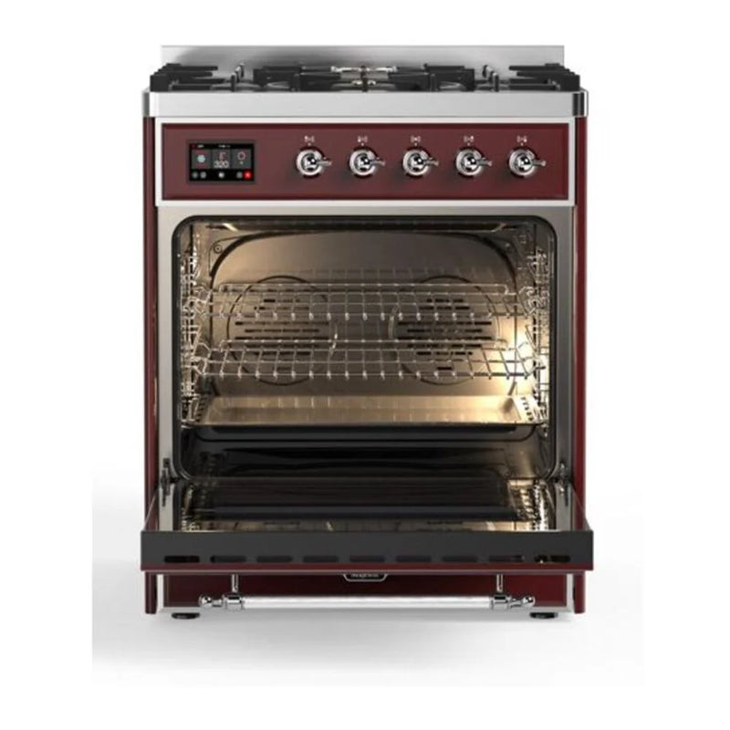 ILVE Majestic II 30" Dual Fuel Freestanding Range in Burgundy with Chrome Trim, UM30DQNE3BUCLP