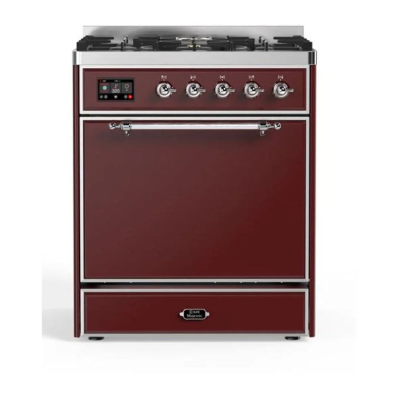 ILVE Majestic II 30" Dual Fuel Freestanding Range in Burgundy with Chrome Trim, UM30DQNE3BUC