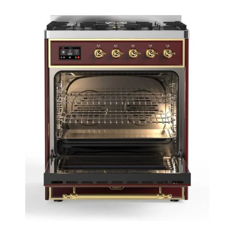 ILVE Majestic II 30" Dual Fuel Freestanding Range in Burgundy with Brass Trim, UM30DQNE3BUGLP
