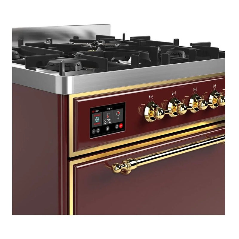 ILVE Majestic II 30" Dual Fuel Freestanding Range in Burgundy with Brass Trim, UM30DQNE3BUG