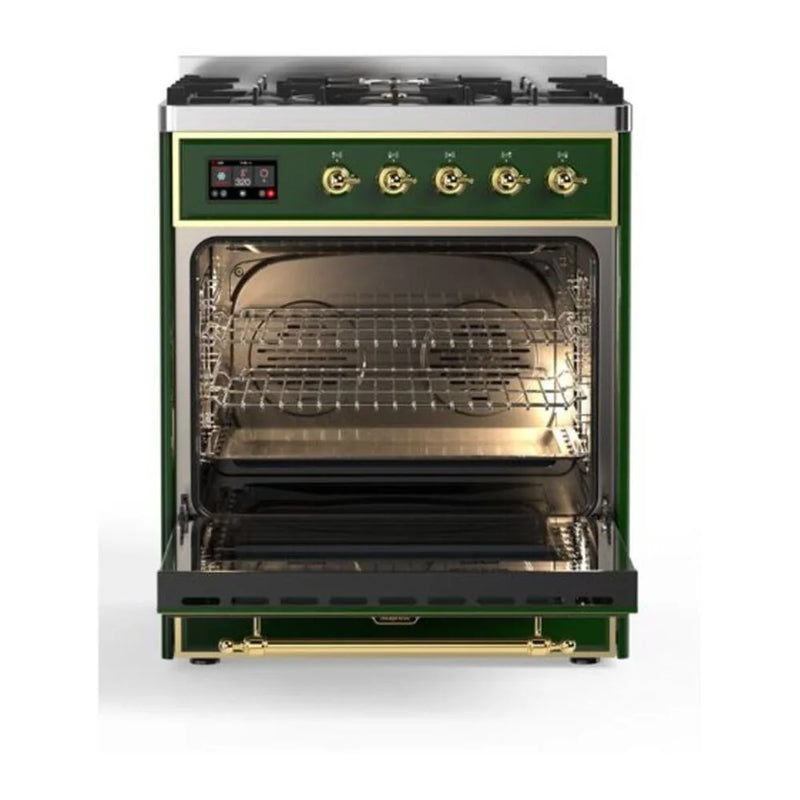 ILVE Majestic II 30" Dual Fuel Freestanding Range in Emerald Green with Brass Trim, UM30DQNE3EGGLP