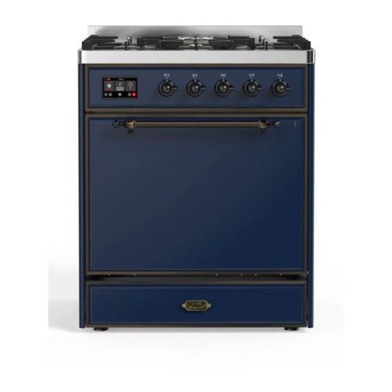ILVE Majestic II 30" Dual Fuel Freestanding Range in Midnight Blue with Burnished Trim, UM30DQNE3MBBLP