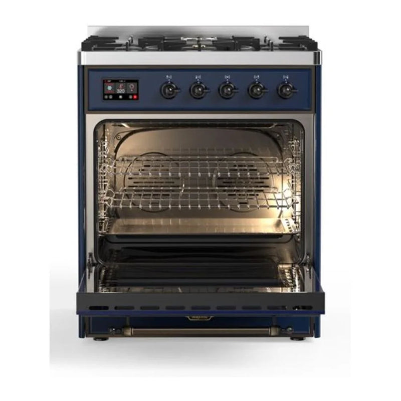 ILVE Majestic II 30" Dual Fuel Freestanding Range in Midnight Blue with Burnished Trim, UM30DQNE3MBBLP