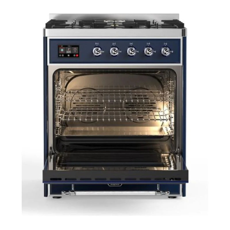 ILVE Majestic II 30" Dual Fuel Freestanding Range in Midnight Blue with Chrome Trim, UM30DQNE3MBC