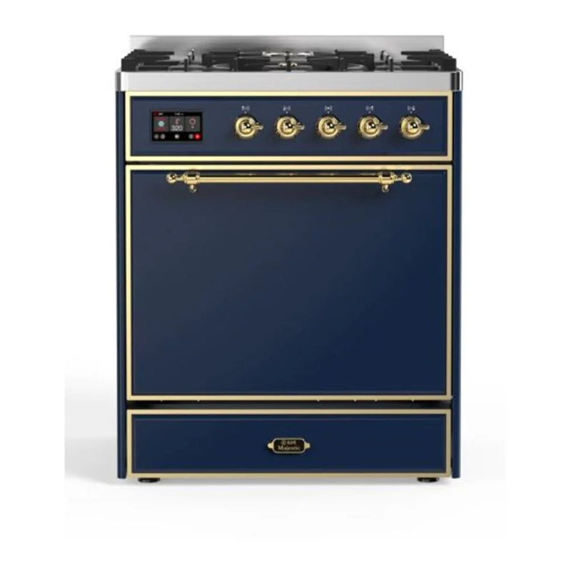 ILVE Majestic II 30" Dual Fuel Freestanding Range in Midnight Blue with Brass Trim, UM30DQNE3MBGLP