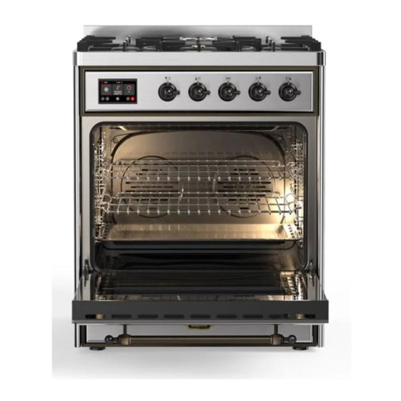 ILVE Majestic II 30" Dual Fuel Freestanding Range in Stainless Steel with Burnished Trim, UM30DQNE3SSBLP