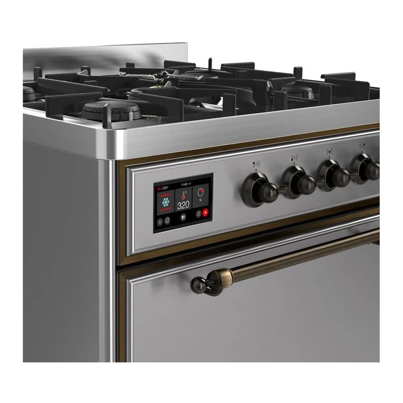 ILVE Majestic II 30" Dual Fuel Freestanding Range in Stainless Steel with Burnished Trim, UM30DQNE3SSBLP