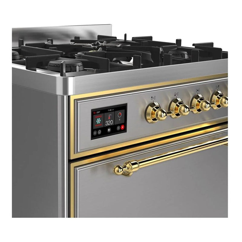 ILVE Majestic II 30" Dual Fuel Freestanding Range in Stainless Steel with Brass Trim, UM30DQNE3SSGLP