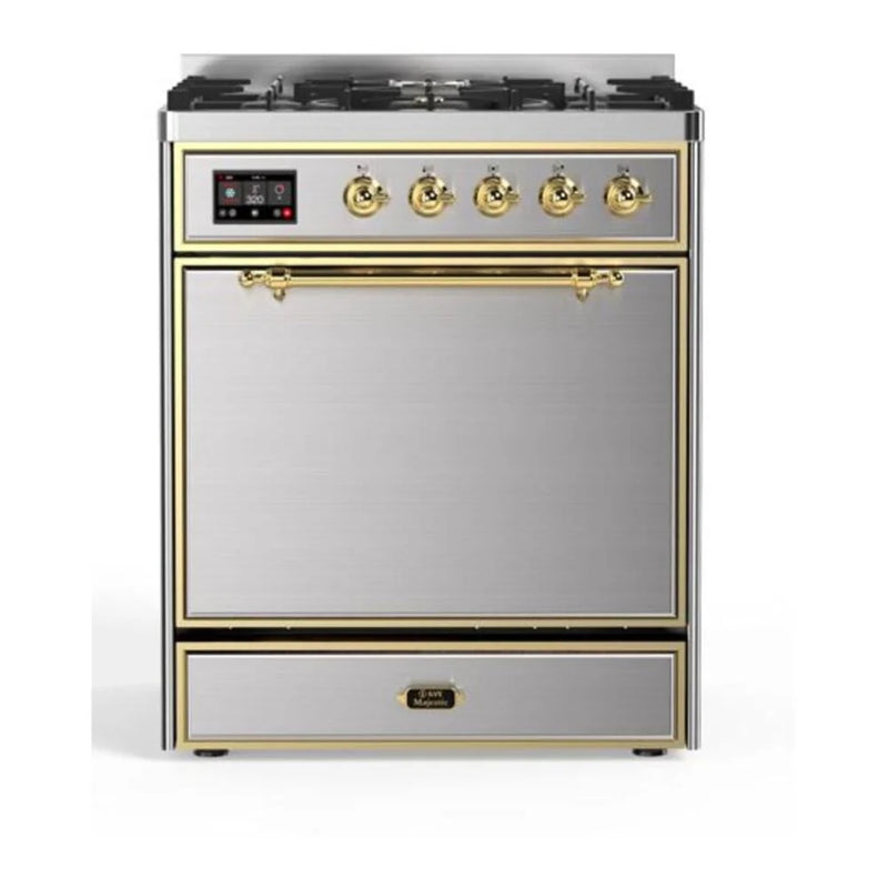 ILVE Majestic II 30" Dual Fuel Freestanding Range in Stainless Steel with Brass Trim, UM30DQNE3SSG