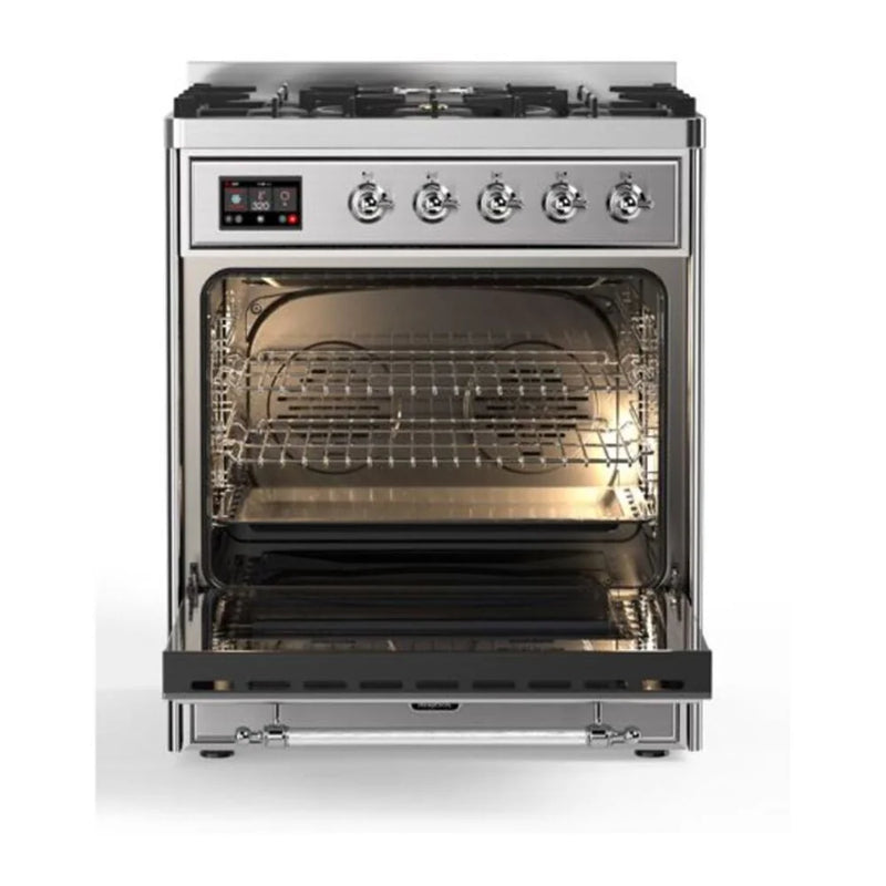 ILVE Majestic II 30" Dual Fuel Freestanding Range in Stainless Steel with Brass Trim, UM30DQNE3SSG