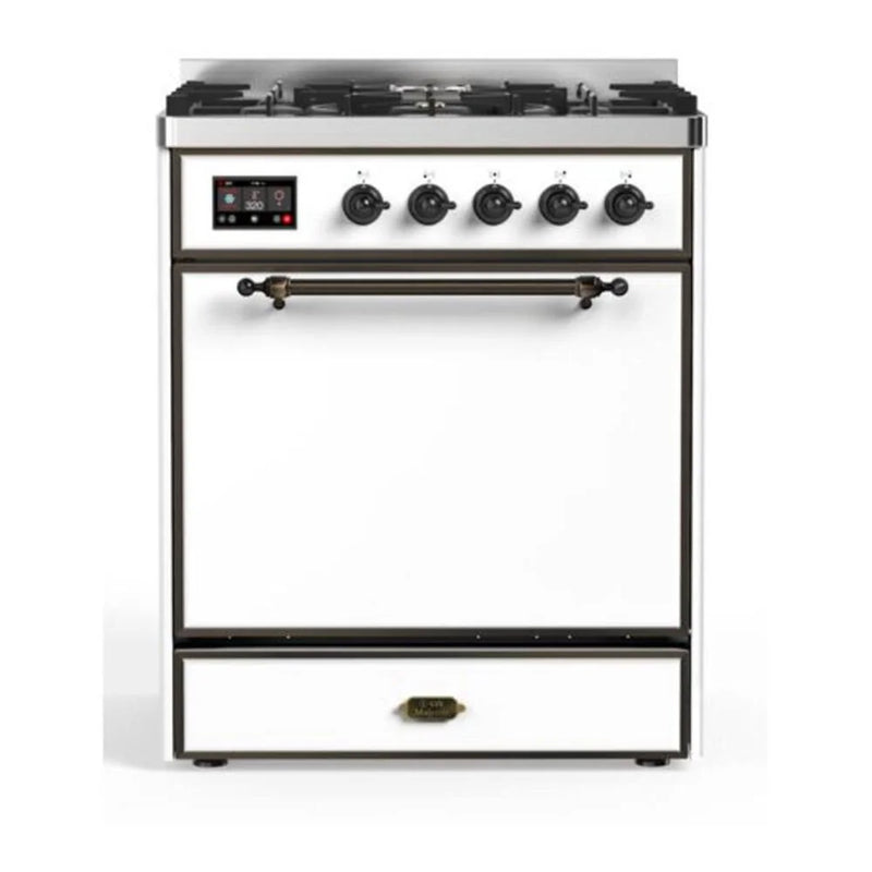 ILVE Majestic II 30" Dual Fuel Freestanding Range in White with Burnished Trim, UM30DQNE3WHBLP