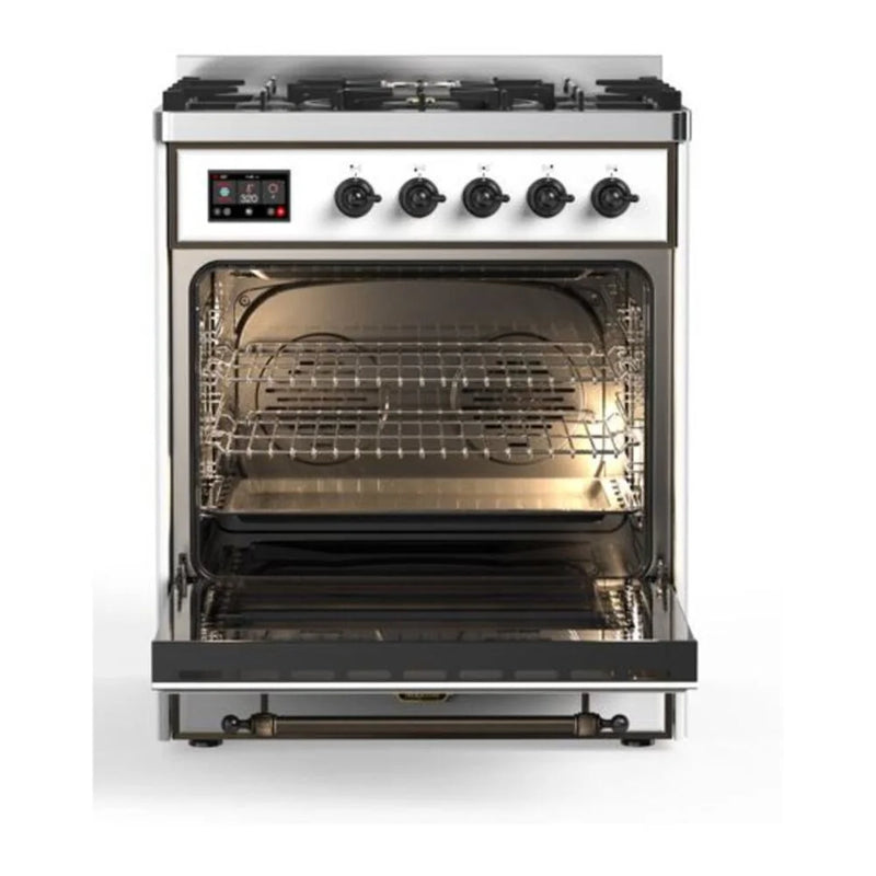 ILVE Majestic II 30" Dual Fuel Freestanding Range in White with Burnished Trim, UM30DQNE3WHBLP
