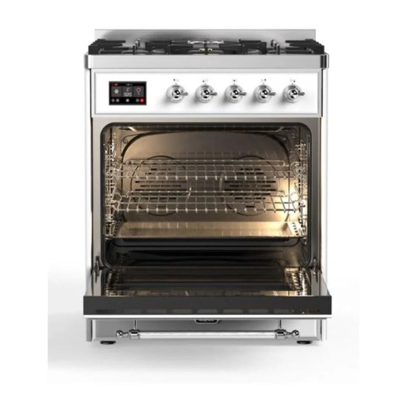 ILVE Majestic II 30" Dual Fuel Freestanding Range in White with Chrome Trim, UM30DQNE3WHC