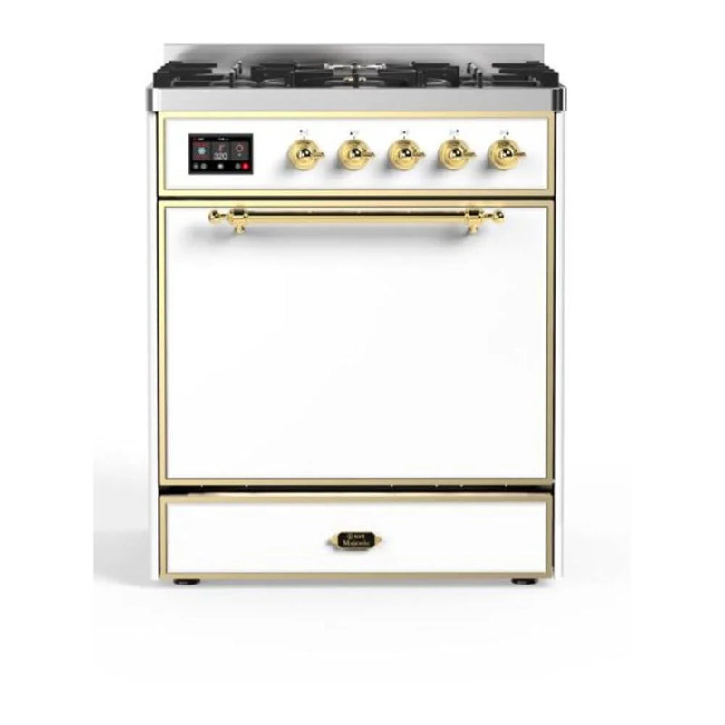 ILVE Majestic II 30" Dual Fuel Freestanding Range in White with Brass Trim, UM30DQNE3WHGLP