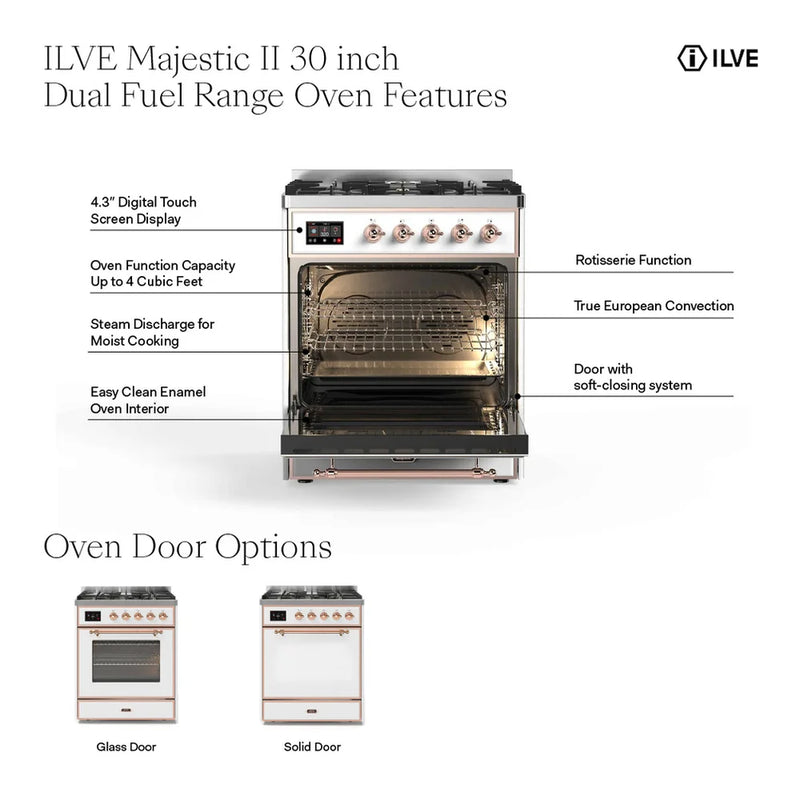 ILVE Majestic II 30" Dual Fuel Freestanding Range in White with Brass Trim, UM30DQNE3WHG