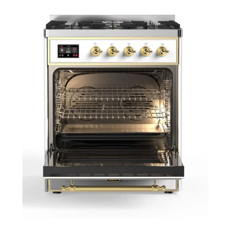 ILVE Majestic II 30" Dual Fuel Freestanding Range in White with Brass Trim, UM30DQNE3WHG