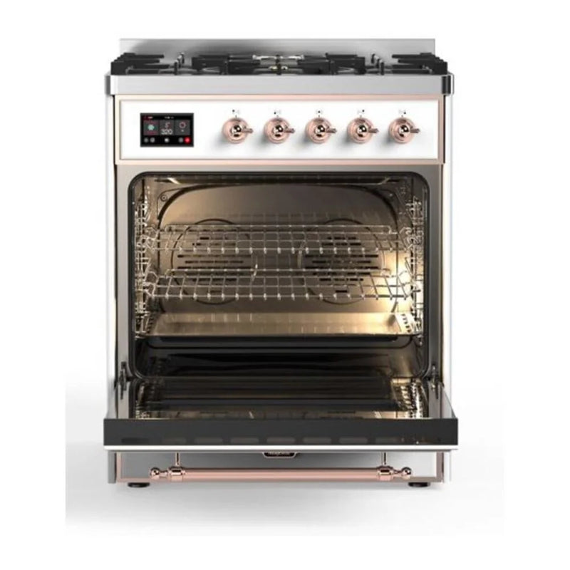 ILVE Majestic II 30" Dual Fuel Freestanding Range in White with Copper Trim, UM30DQNE3WHPLP