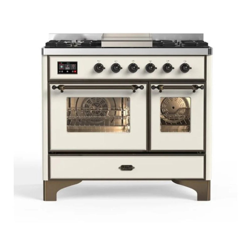 ILVE Majestic II 40" Dual Fuel Freestanding Range in Antique White with Burnished Trim, UMD10FDNS3AWB