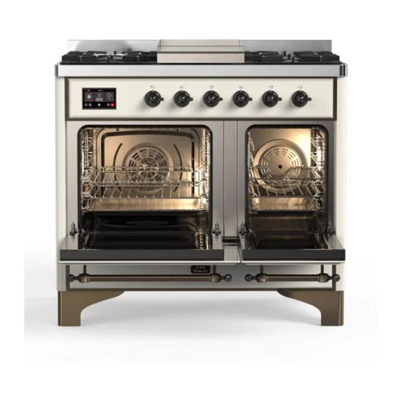 ILVE Majestic II 40" Dual Fuel Freestanding Range in Antique White with Burnished Trim, UMD10FDNS3AWB