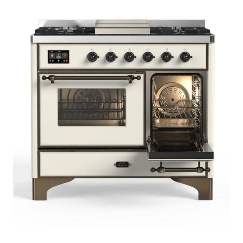 ILVE Majestic II 40" Dual Fuel Freestanding Range in Antique White with Burnished Trim, UMD10FDNS3AWB