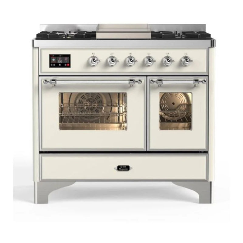 ILVE Majestic II 40" Dual Fuel Freestanding Range in Antique White with Chrome Trim, UMD10FDNS3AWCLP