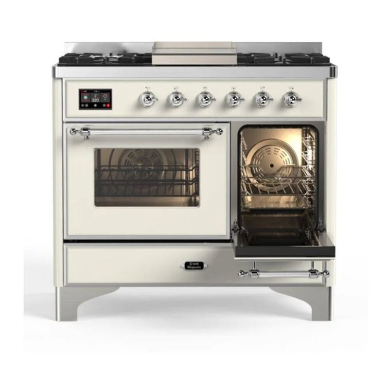ILVE Majestic II 40" Dual Fuel Freestanding Range in Antique White with Chrome Trim, UMD10FDNS3AWCLP