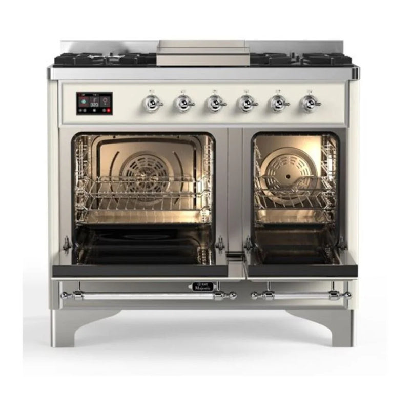 ILVE Majestic II 40" Dual Fuel Freestanding Range in Antique White with Chrome Trim, UMD10FDNS3AWC