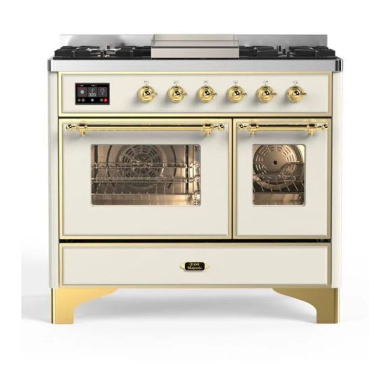 ILVE Majestic II 40" Dual Fuel Freestanding Range in Antique White with Brass Trim, UMD10FDNS3AWGLP