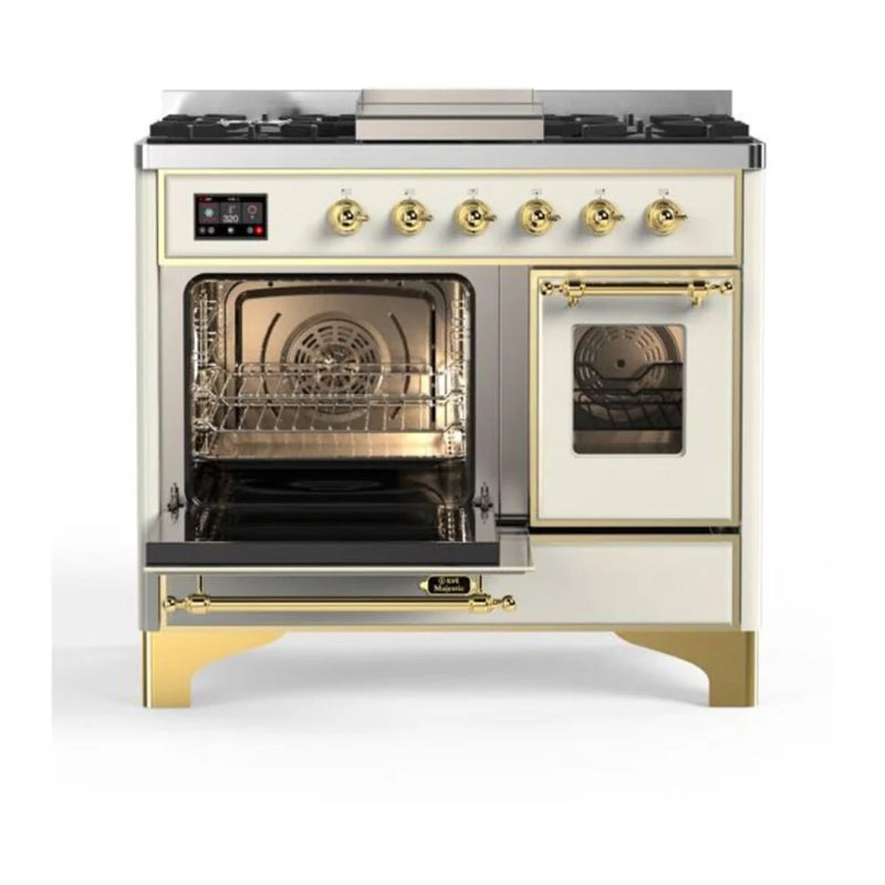 ILVE Majestic II 40" Dual Fuel Freestanding Range in Antique White with Brass Trim, UMD10FDNS3AWGLP