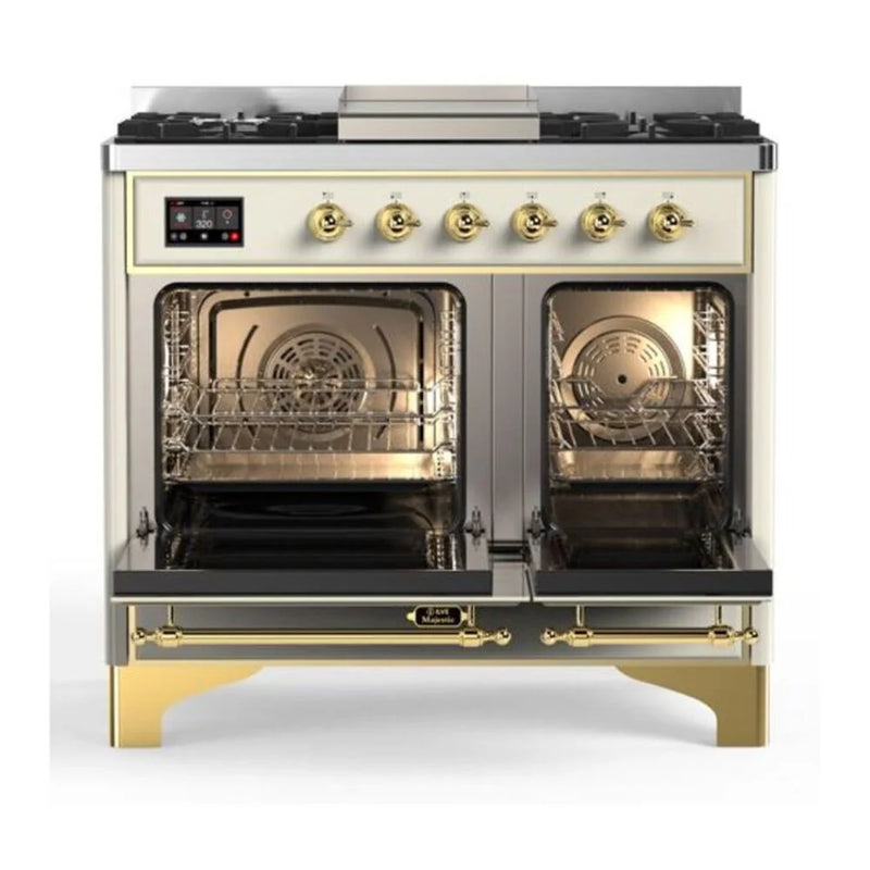 ILVE Majestic II 40" Dual Fuel Freestanding Range in Antique White with Brass Trim, UMD10FDNS3AWG