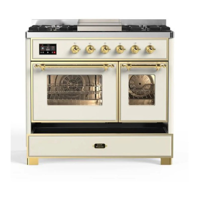 ILVE Majestic II 40" Dual Fuel Freestanding Range in Antique White with Brass Trim, UMD10FDNS3AWG