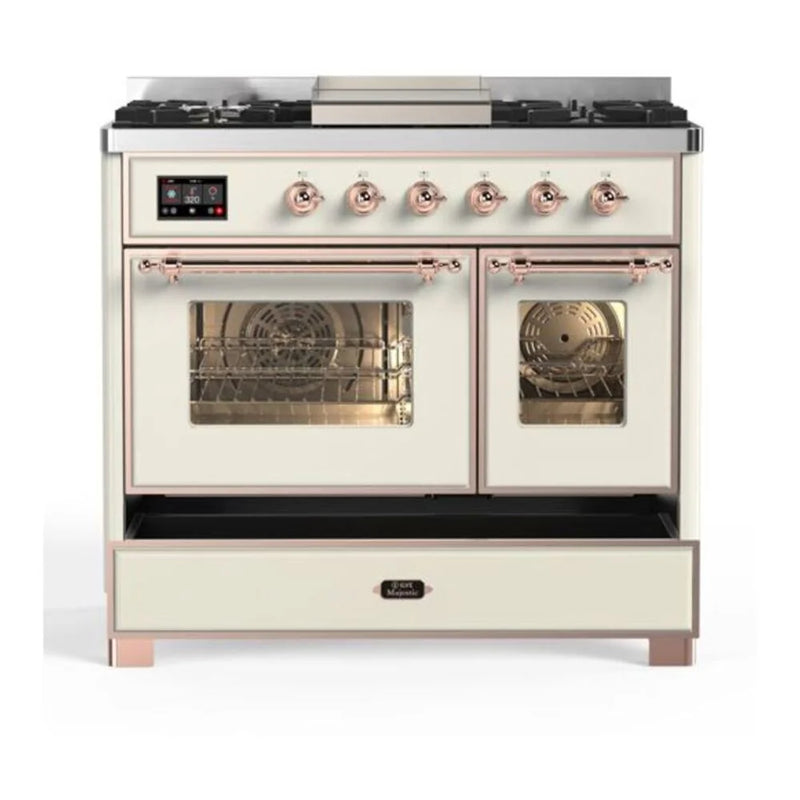 ILVE Majestic II 40" Dual Fuel Freestanding Range in Antique White with Copper Trim, UMD10FDNS3AWP