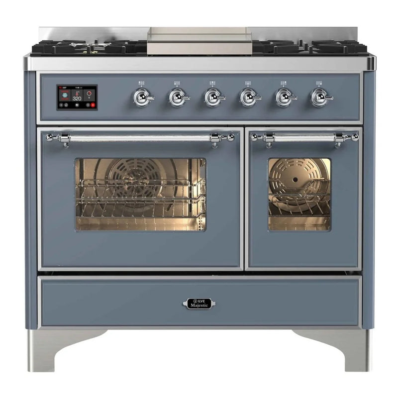 ILVE Majestic II 40" Dual Fuel Freestanding Range in Blue Grey with Chrome Trim, UMD10FDNS3BGCLP