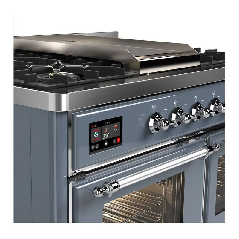 ILVE Majestic II 40" Dual Fuel Freestanding Range in Blue Grey with Chrome Trim, UMD10FDNS3BGCLP