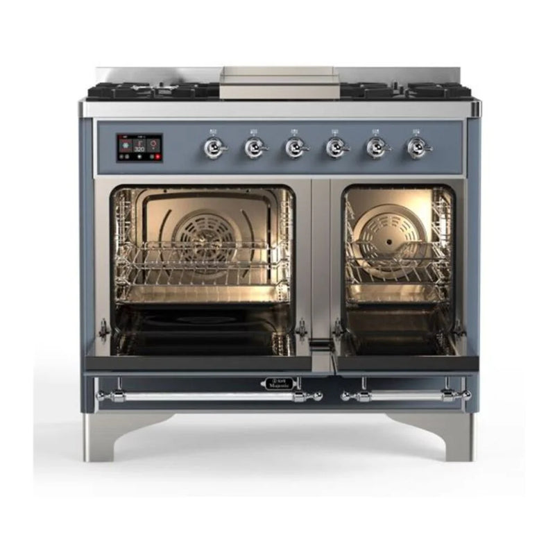 ILVE Majestic II 40" Dual Fuel Freestanding Range in Blue Grey with Chrome Trim, UMD10FDNS3BGC
