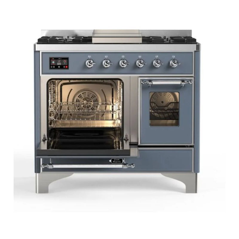 ILVE Majestic II 40" Dual Fuel Freestanding Range in Blue Grey with Chrome Trim, UMD10FDNS3BGC