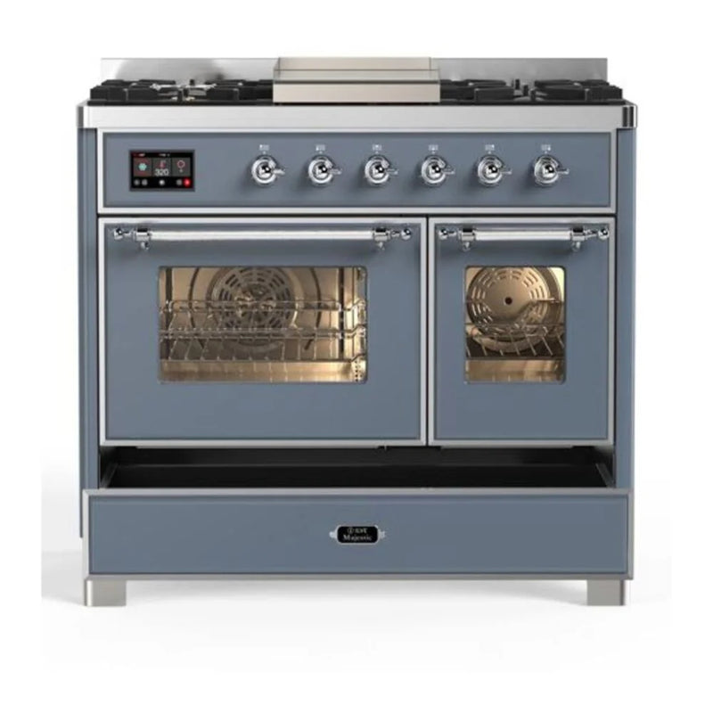 ILVE Majestic II 40" Dual Fuel Freestanding Range in Blue Grey with Chrome Trim, UMD10FDNS3BGC